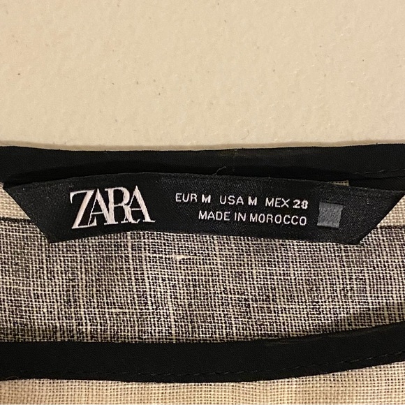 Zara Women’s 100% Linen Size M Tan/Black Round Neck 3/4 Roll Tab Sleeves - Picture 3 of 11